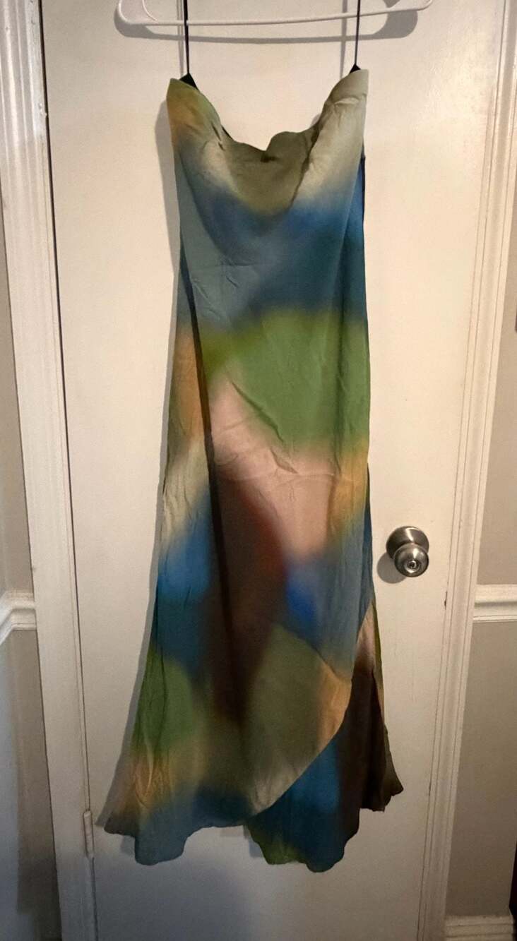 Reformation Green Watercolor Strapless Midi Dress Size XL